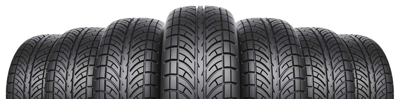 Close up view of tires lined up next to each other